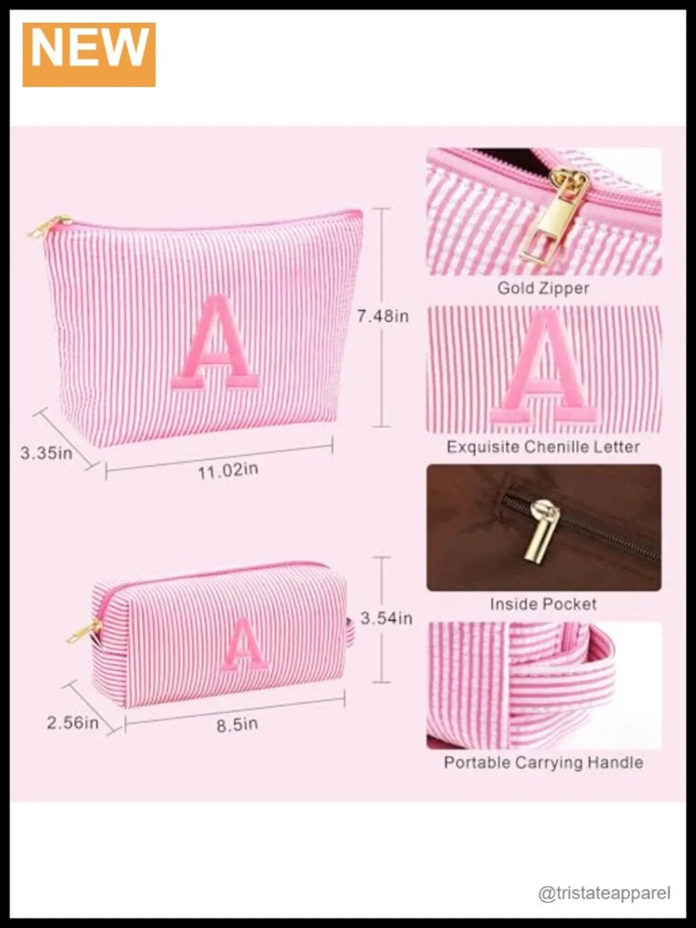 Seersucker Toiletry Makeup Bag Set with Embroidered Initial, Travel Cosmetic